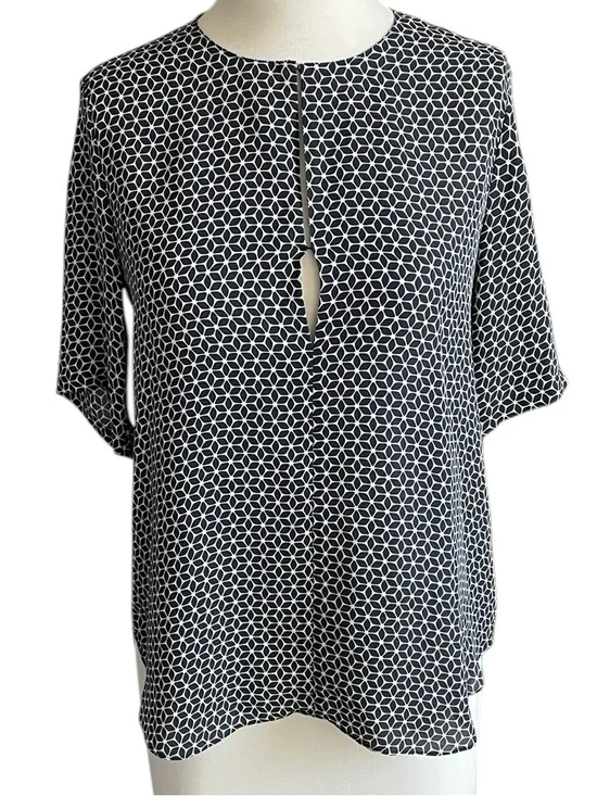 Theory Tile Antazie 100% silk Geometric Blouse Size P Navy/White - Picture 5 of 10